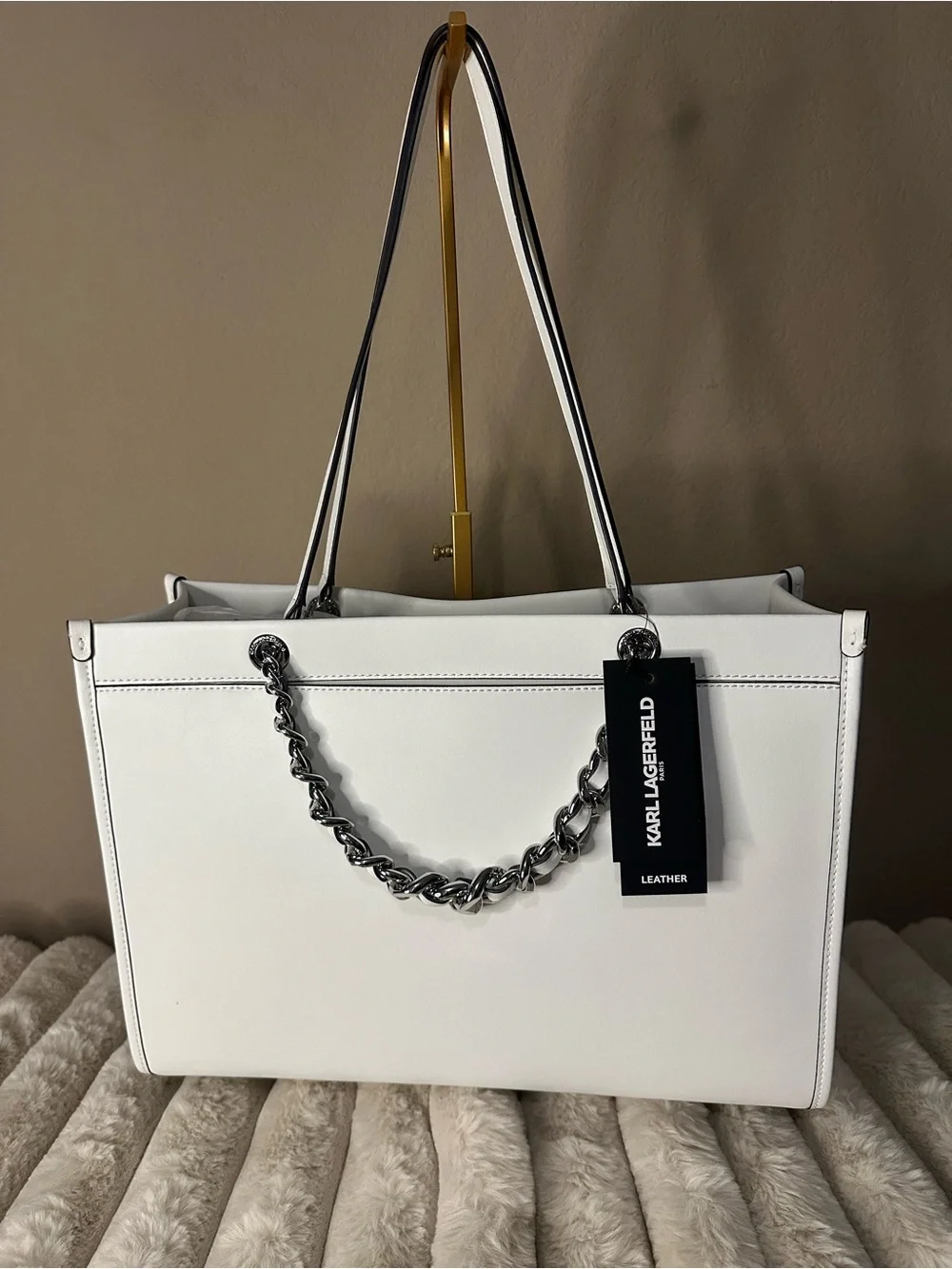 Karl Lagerfeld White Embossed Logo Tote with Silver Chain. NWT